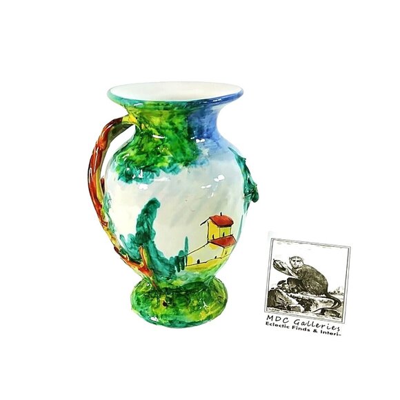 Vase Hand Painted Italian Style House 3D Trees Raised Relief Numbered 7" - Picture 7 of 8